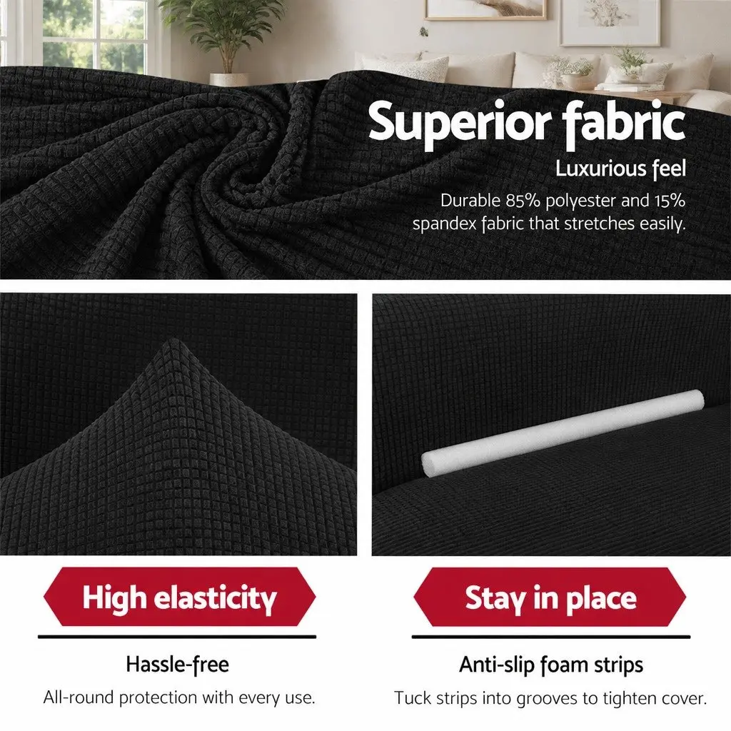 Sofa Cover High Stretch 3 Seater Black Polar Fleece Couch Protector