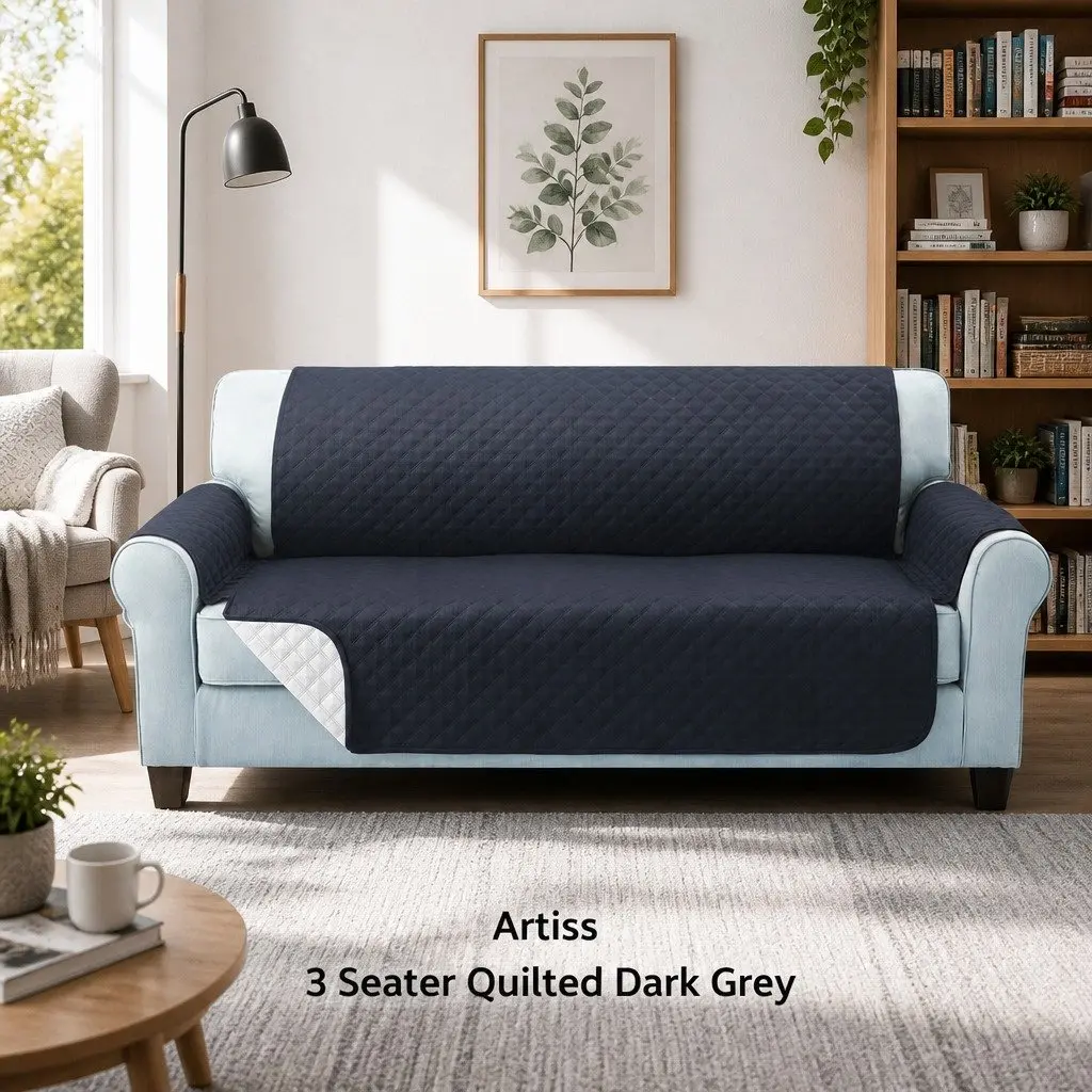 Sofa Cover Microfibre 3 Seater Quilted Dark Grey Couch Protector Anti-Slip Machine Washable