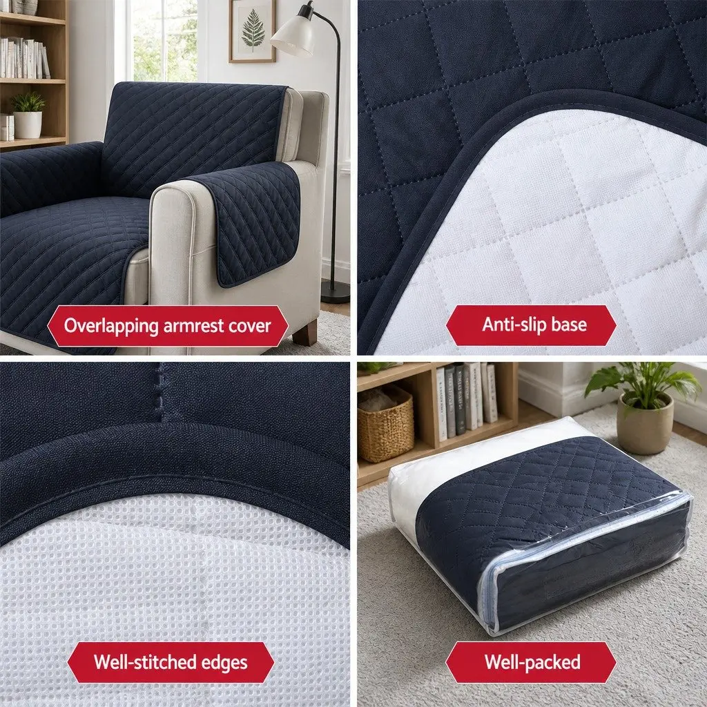 Sofa Cover Microfibre 3 Seater Quilted Dark Grey Couch Protector Anti-Slip Machine Washable