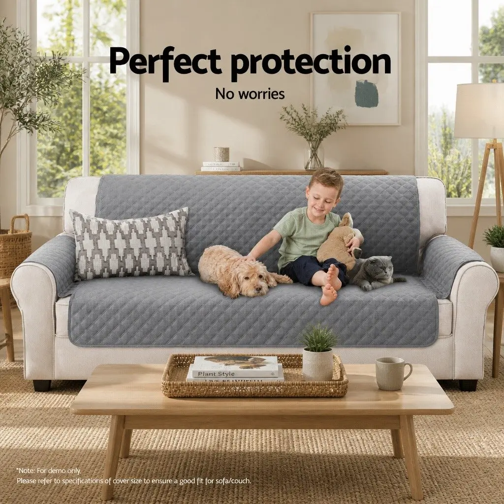 Sofa Cover 3 Seater Quilted Grey Diamond Couch Protector Anti-Scratch Microfibre