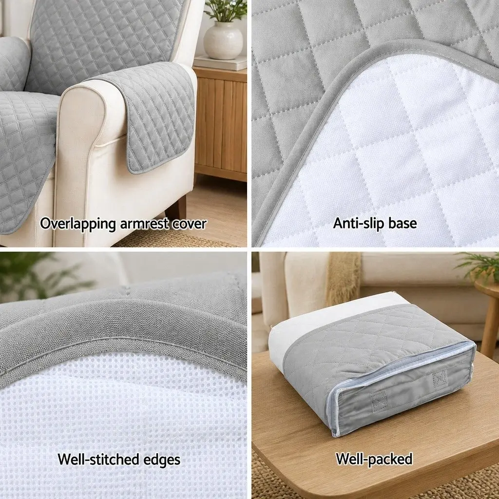 Sofa Cover 3 Seater Quilted Grey Diamond Couch Protector Anti-Scratch Microfibre