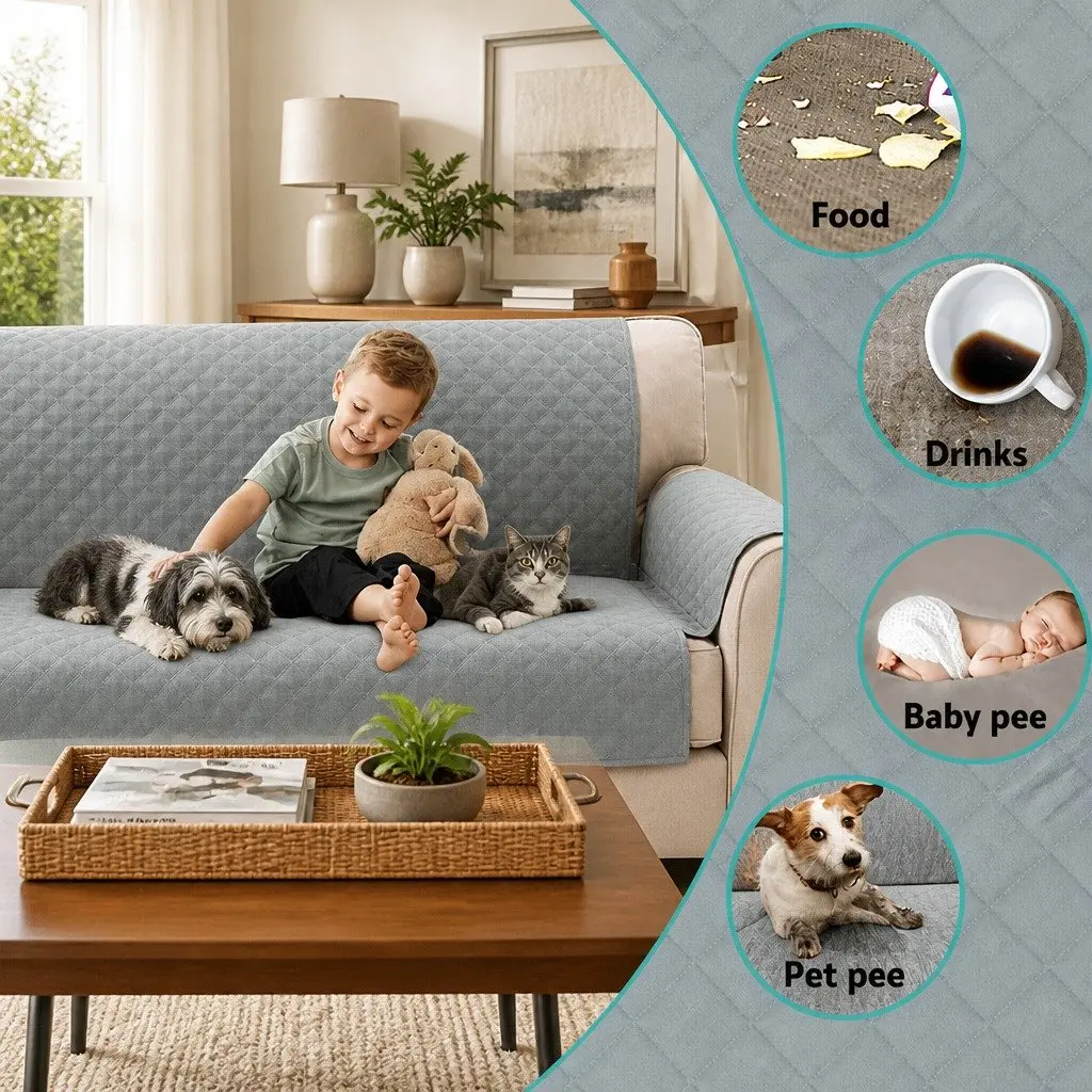 Sofa Cover Water Resistant 3 Seater Grey Microfibre Fabric with TPU Waterproof Coating