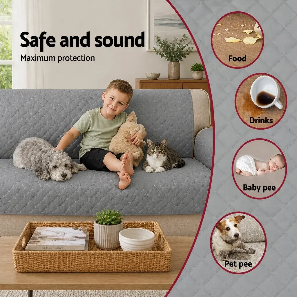 4 Seater Couch Protector Grey Microfibre Water Resistant Diamond Quilted Cover