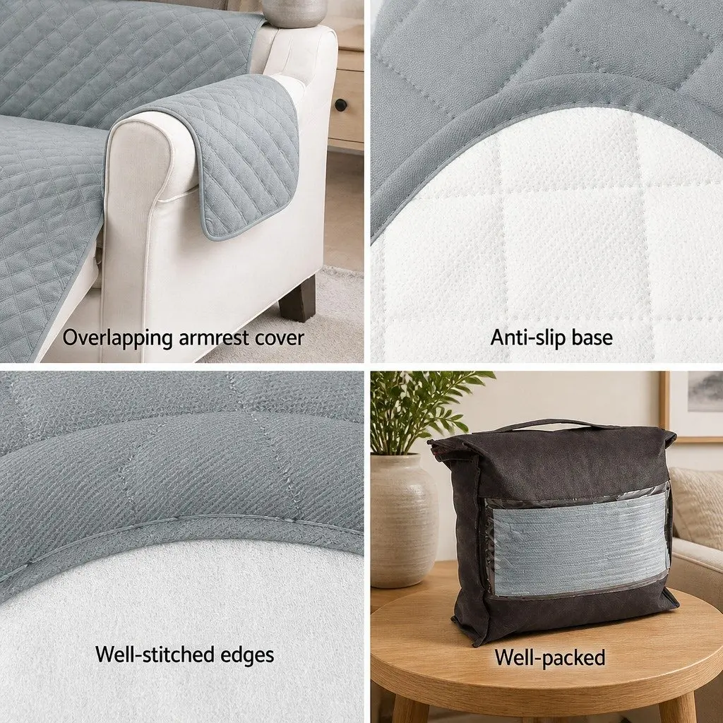 4 Seater Couch Protector Grey Microfibre Water Resistant Diamond Quilted Cover