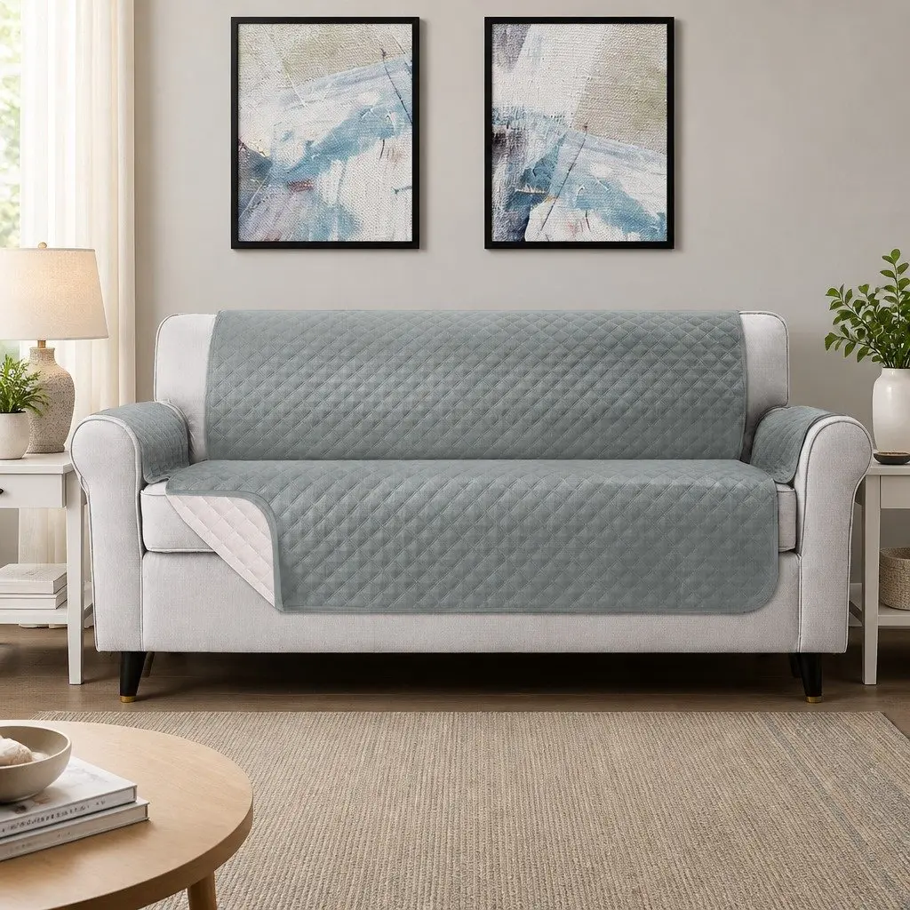 4 Seater Couch Protector Grey Microfibre Water Resistant Diamond Quilted Cover
