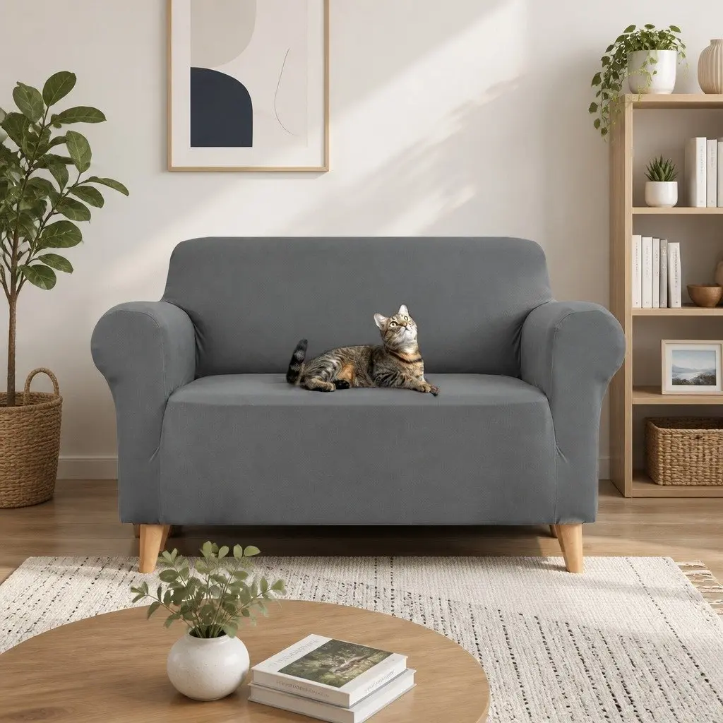 Sofa Cover Knitted Fabric 2 Seater Grey Stretch Machine Washable