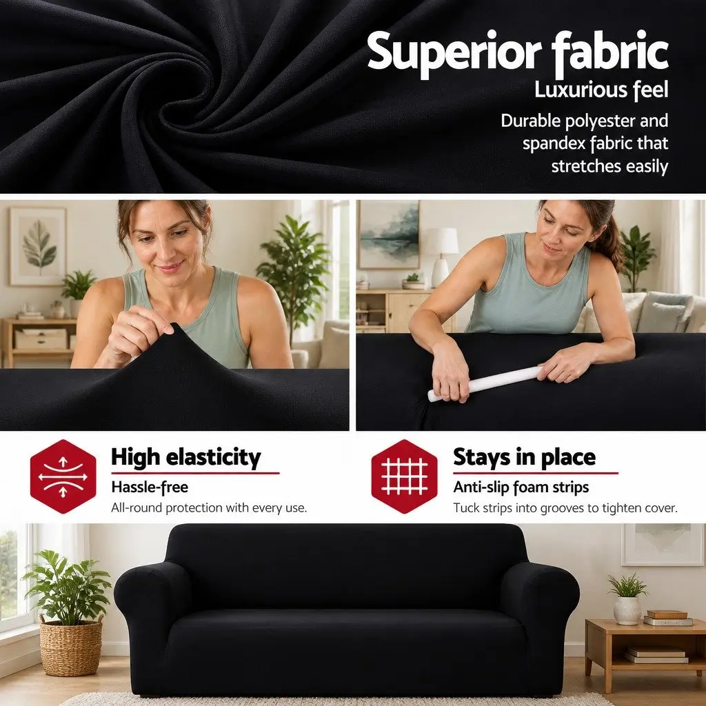3 Seater Sofa Cover Knitted Fabric Black Stretchable Easy Fit