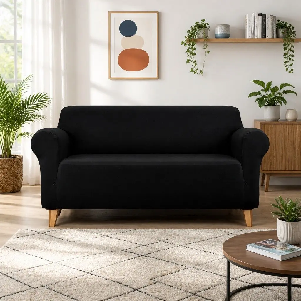 3 Seater Sofa Cover Knitted Fabric Black Stretchable Easy Fit