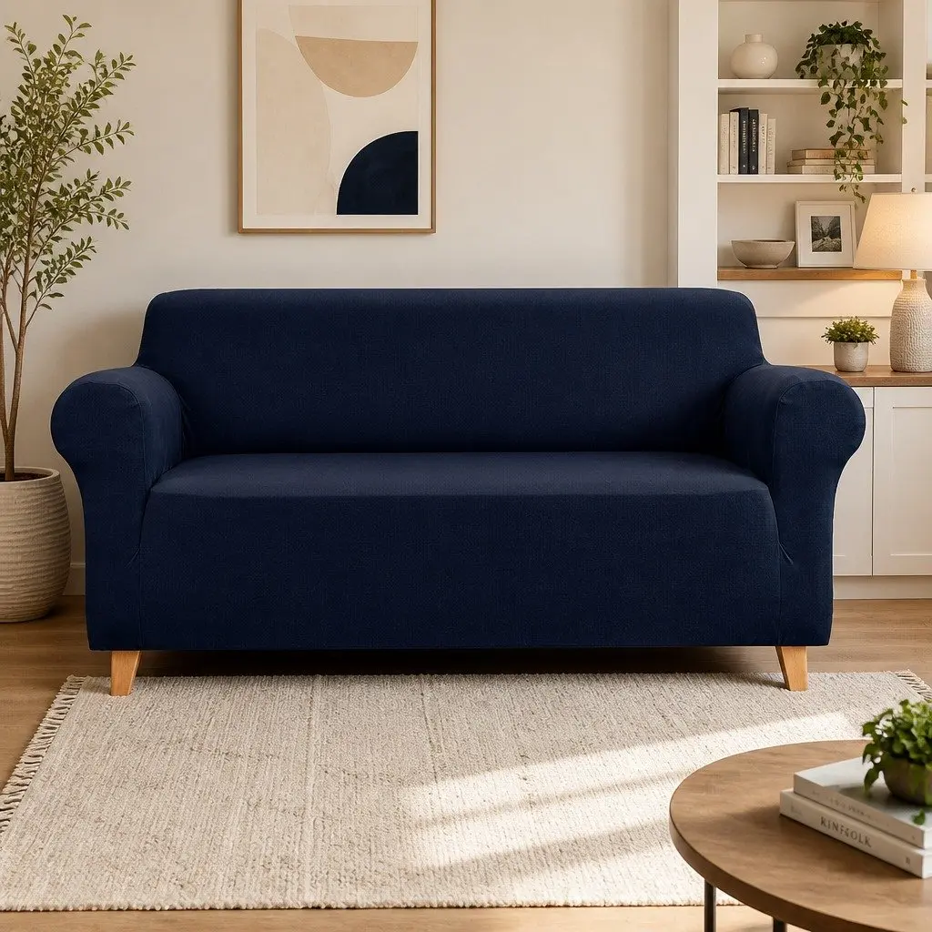 Sofa Cover Knitted Fabric 3 Seater Stretch Elastic Couch Protector Navy