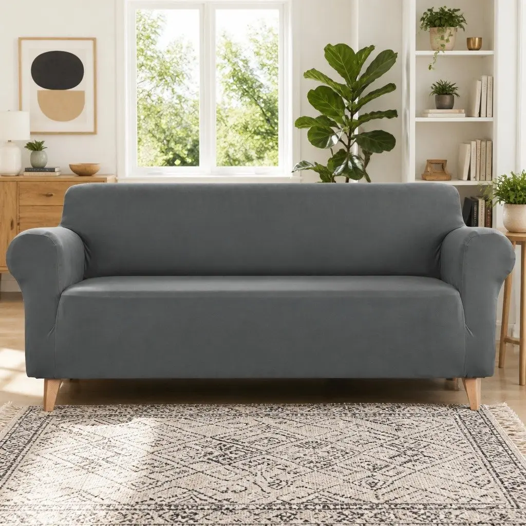 4 Seater Sofa Cover Stretch Knitted Fabric Grey