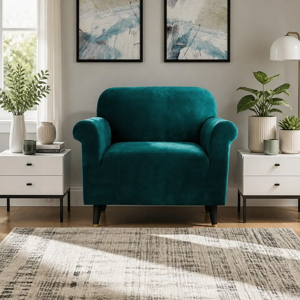 1 Seater Slipcover Velvet Stretch Protection Agate Green Machine Washable