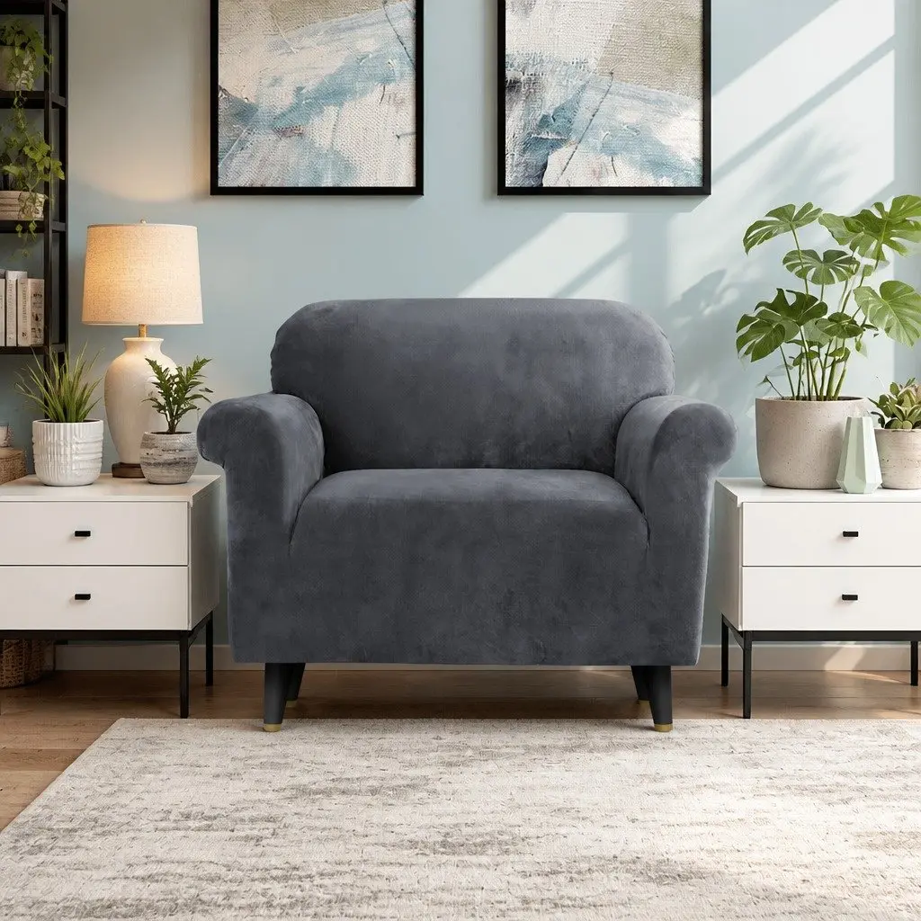 Sofa Cover Velvet Stretch 1 Seater Grey