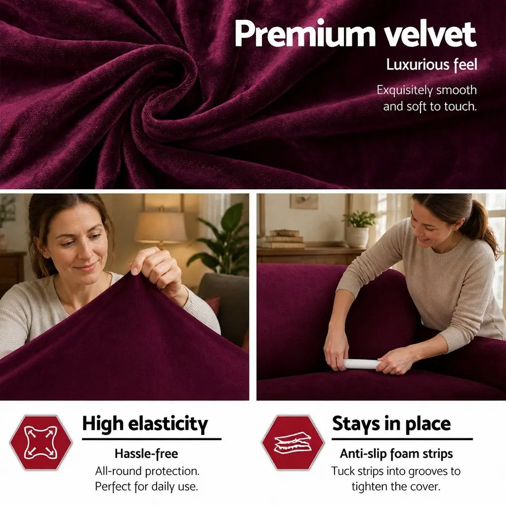 1seatervelvetsofacoverrubyredsoftstretchablefurnitureprotector