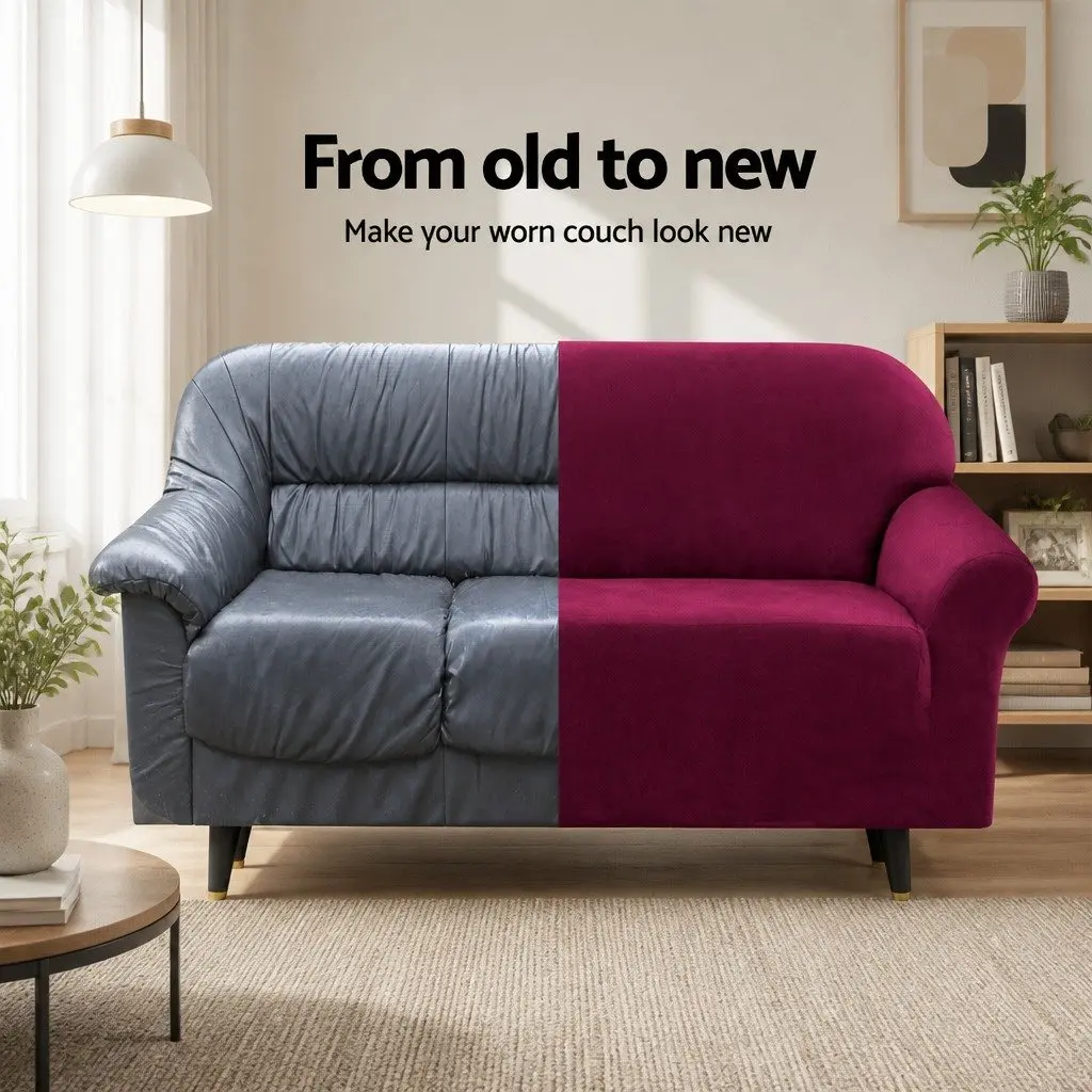 1seatervelvetsofacoverrubyredsoftstretchablefurnitureprotector