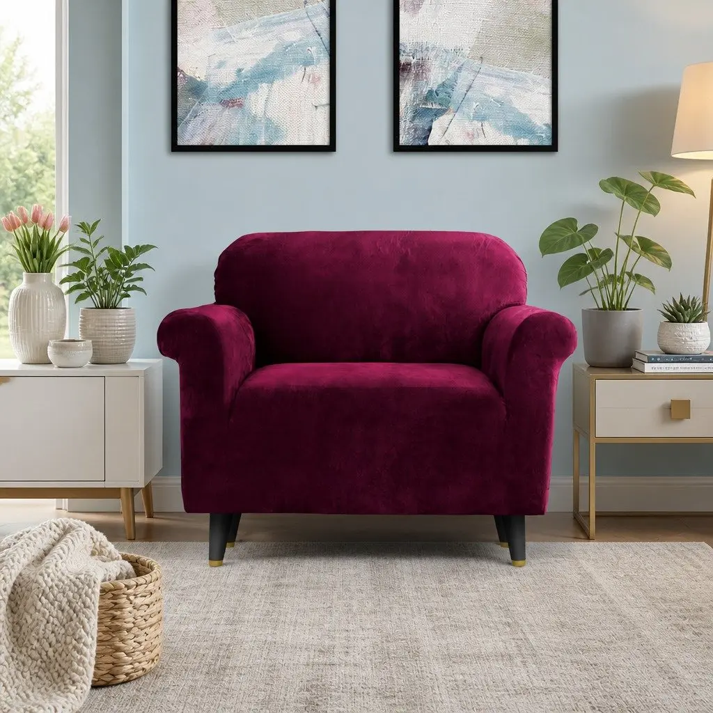 1seatervelvetsofacoverrubyredsoftstretchablefurnitureprotector