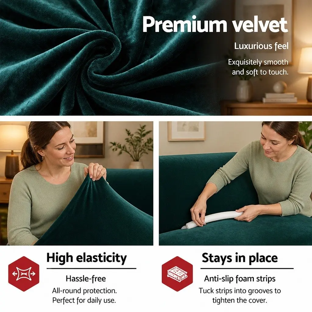 Sofa Cover Velvet 2 Seater Stretch Elastic Anti-Slip Agate Green Washable