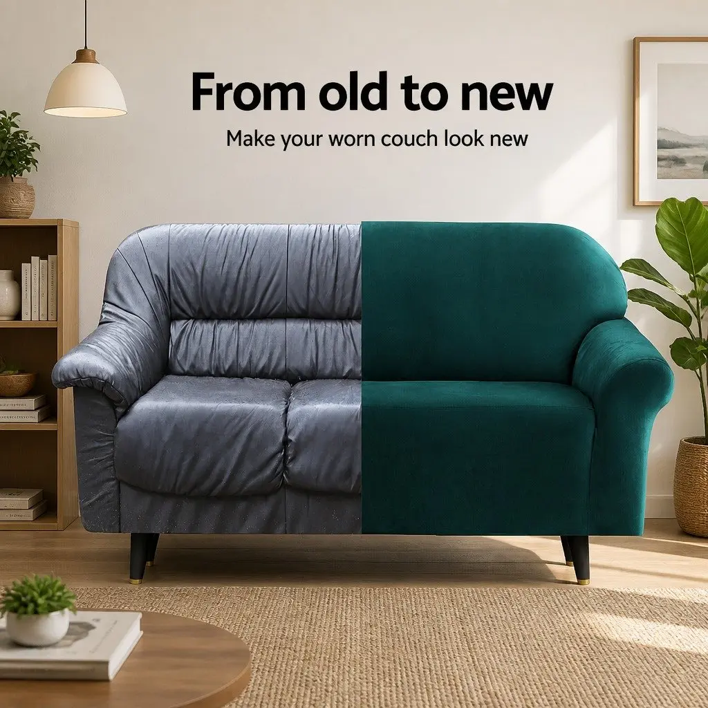 Sofa Cover Velvet 2 Seater Stretch Elastic Anti-Slip Agate Green Washable