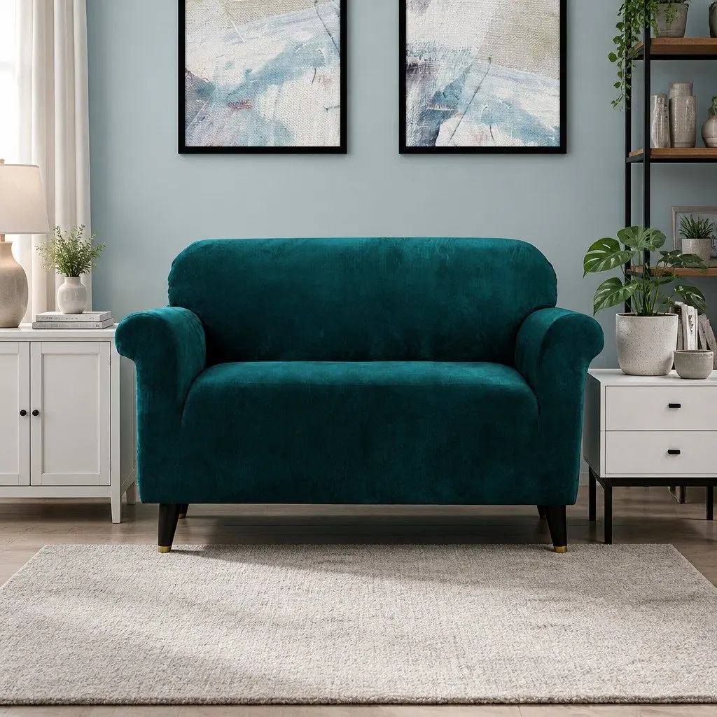 Sofa Cover Velvet 2 Seater Stretch Elastic Anti-Slip Agate Green Washable
