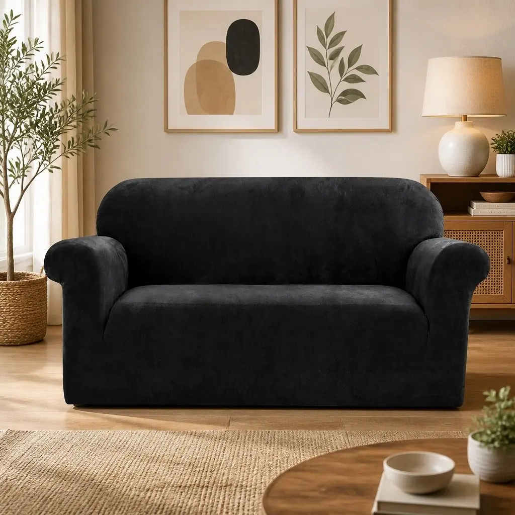 2 Seater Sofa Cover Velvet Stretch Couch Protector Washable Furniture Black