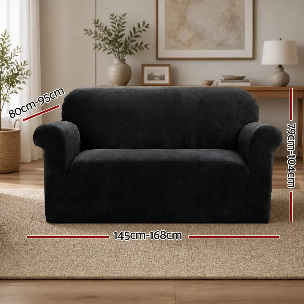 2 Seater Sofa Cover Velvet Stretch Couch Protector Washable Furniture Black