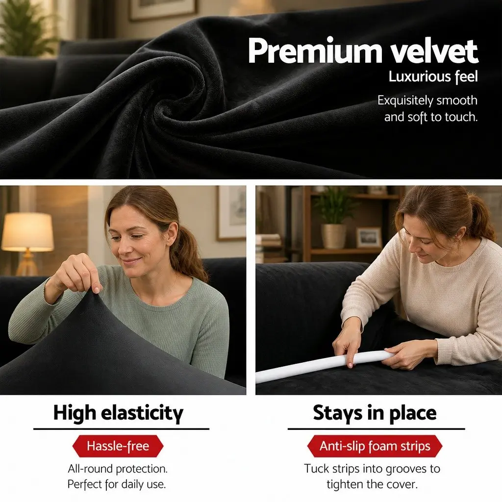 2 Seater Sofa Cover Velvet Stretch Couch Protector Washable Furniture Black