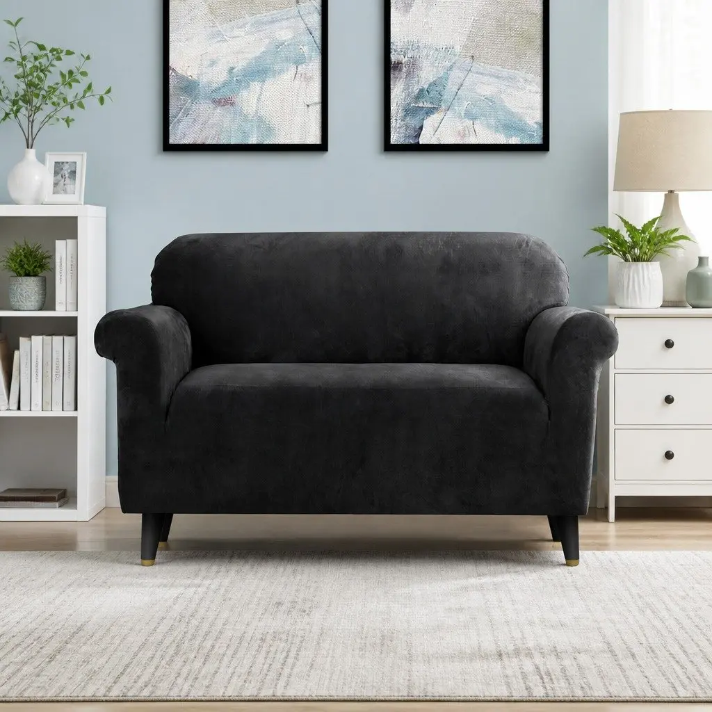2 Seater Sofa Cover Velvet Stretch Couch Protector Washable Furniture Black