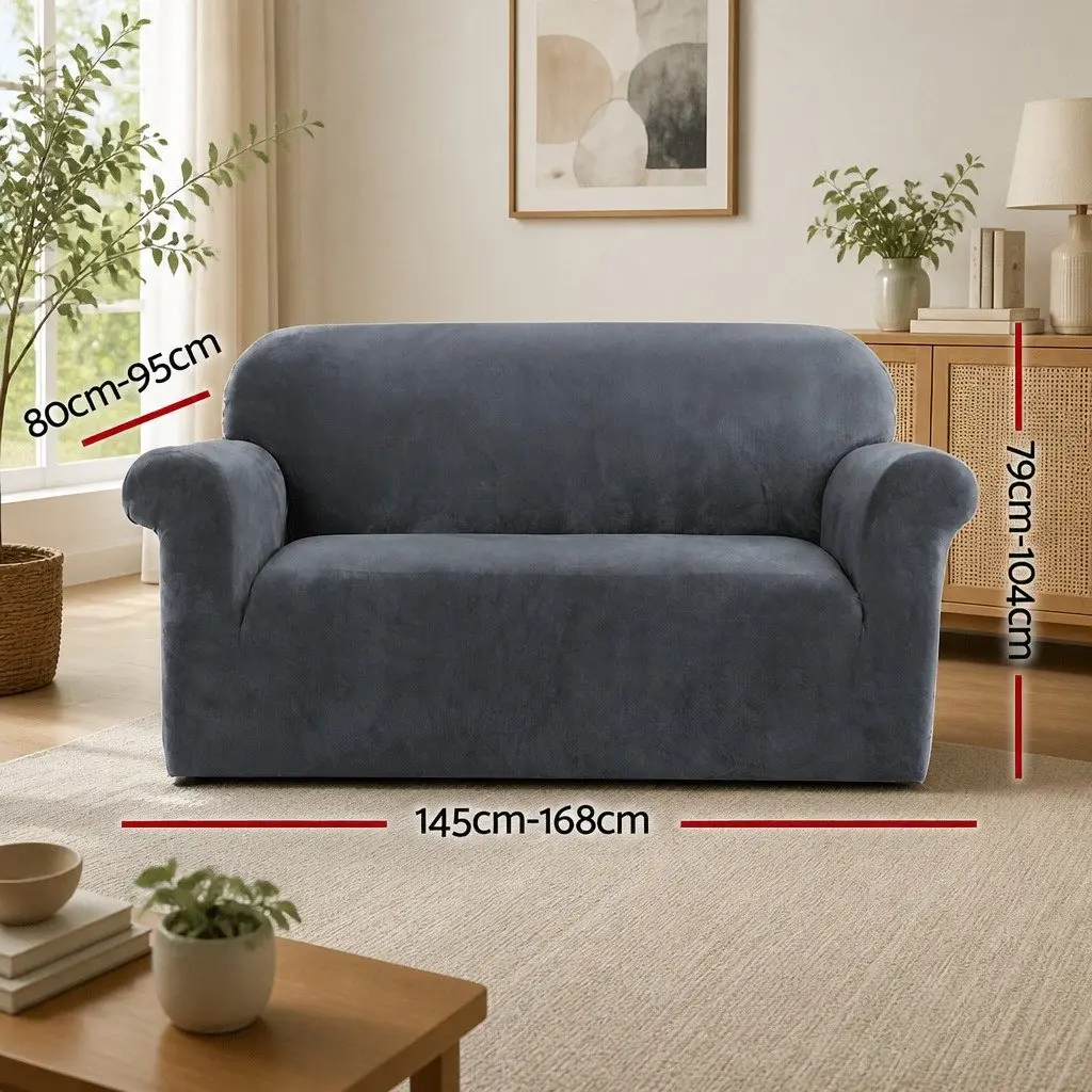 2SeaterVelvetSofaCoverGreyStretchableFurnitureProtectionSlipcover
