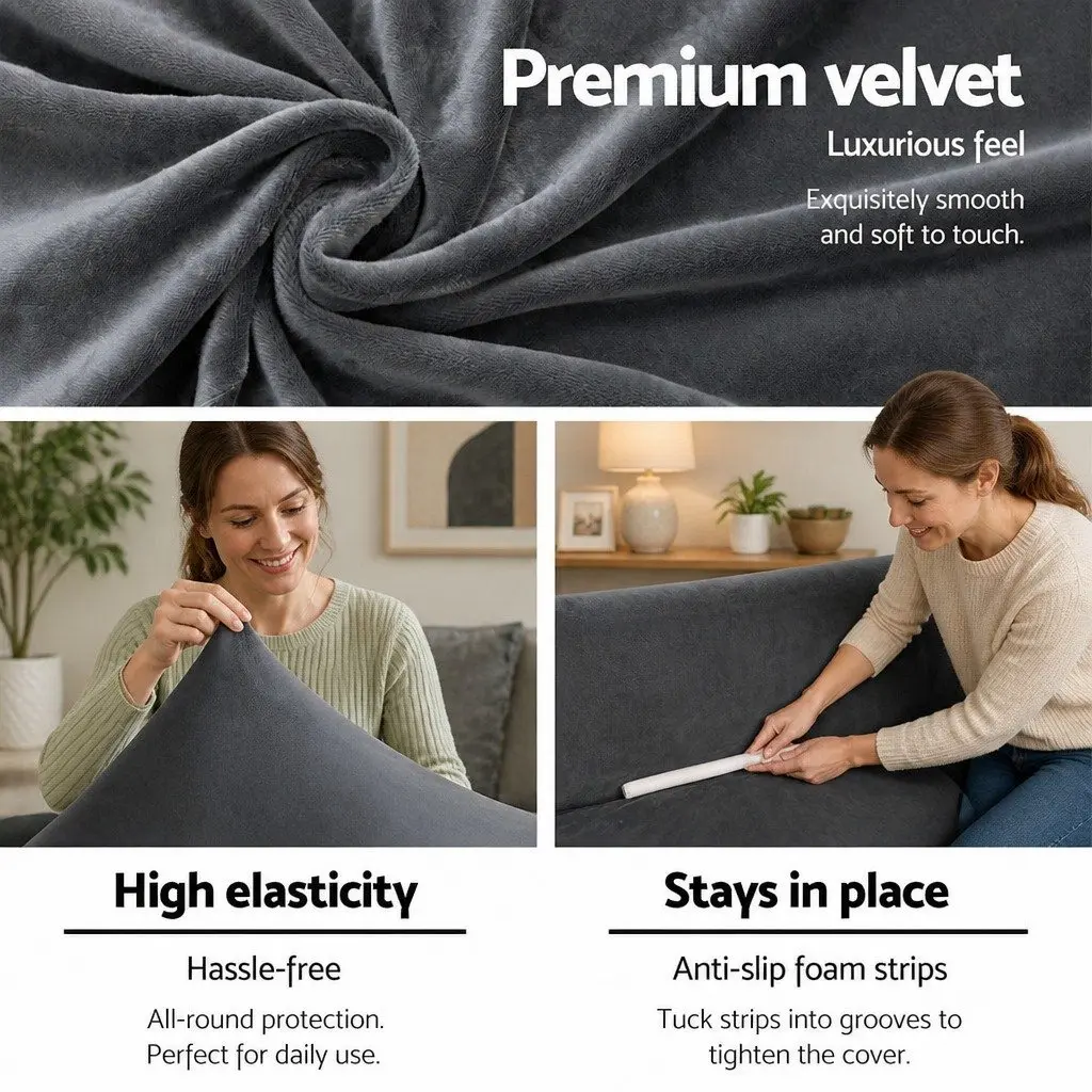 2SeaterVelvetSofaCoverGreyStretchableFurnitureProtectionSlipcover