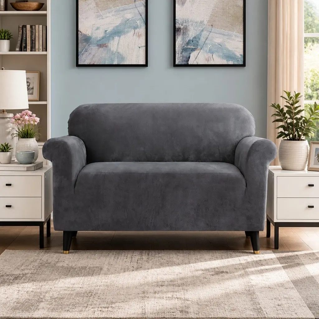 2SeaterVelvetSofaCoverGreyStretchableFurnitureProtectionSlipcover