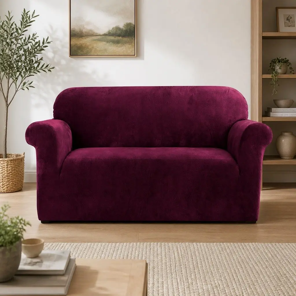 Ruby Red Velvet Sofa Cover for Home Use