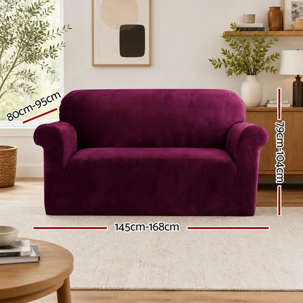 2 Seater Sofa Cover Velvet Stretch Protector Ruby Red