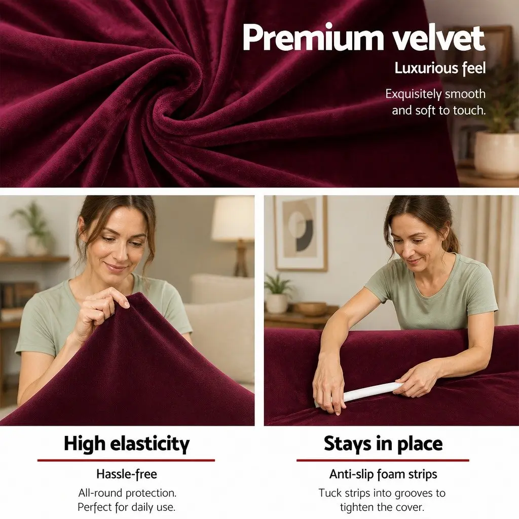 2 Seater Sofa Cover Velvet Stretch Protector Ruby Red