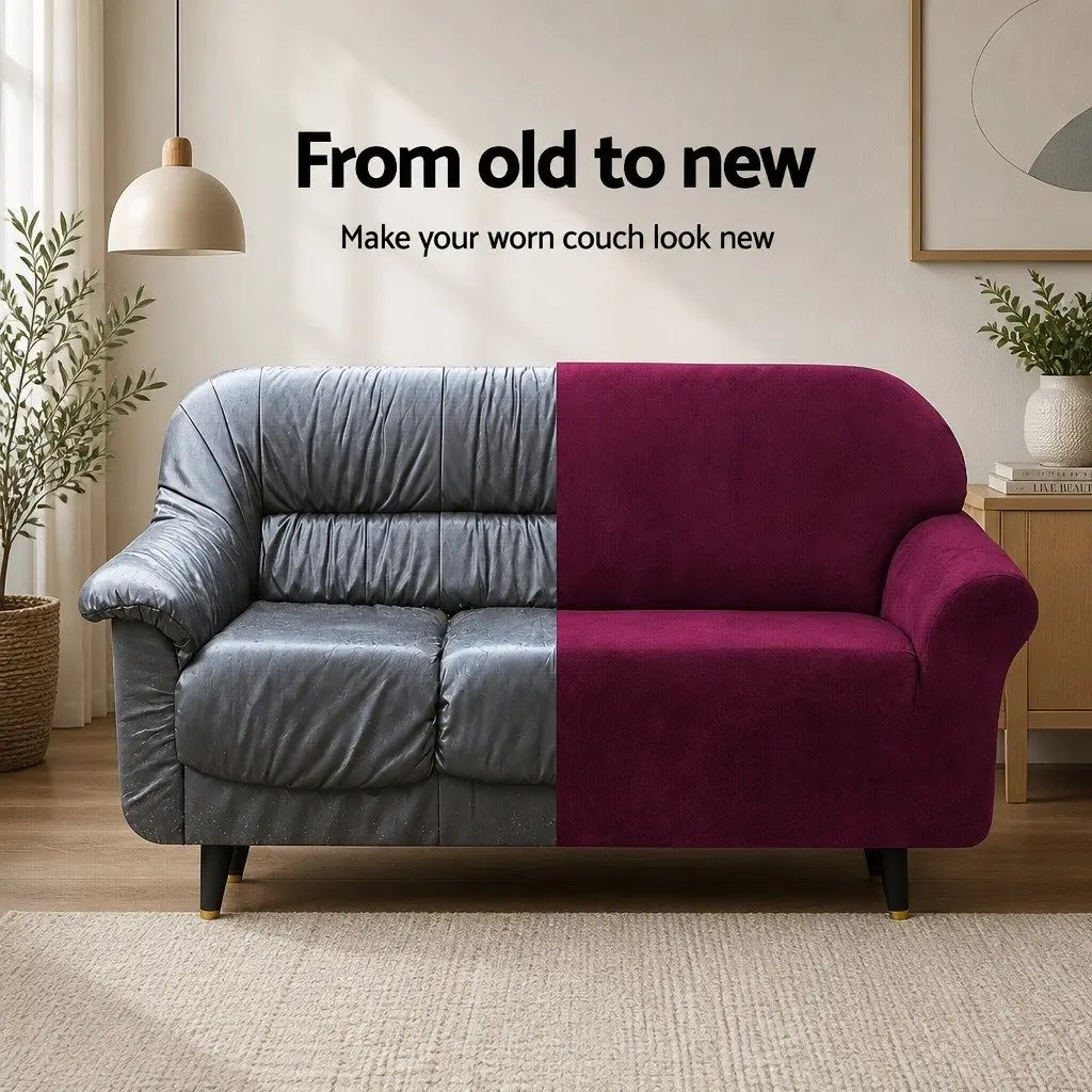 2 Seater Sofa Cover Velvet Stretch Protector Ruby Red