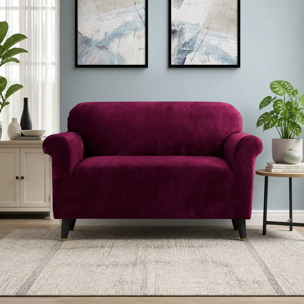 2 Seater Sofa Cover Velvet Stretch Protector Ruby Red