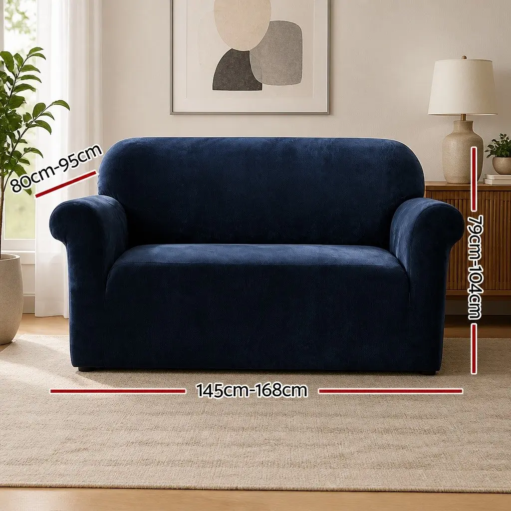2 Seater Couch Protector Velvet Stretch Cover Navy Blue Super Soft Anti Slip