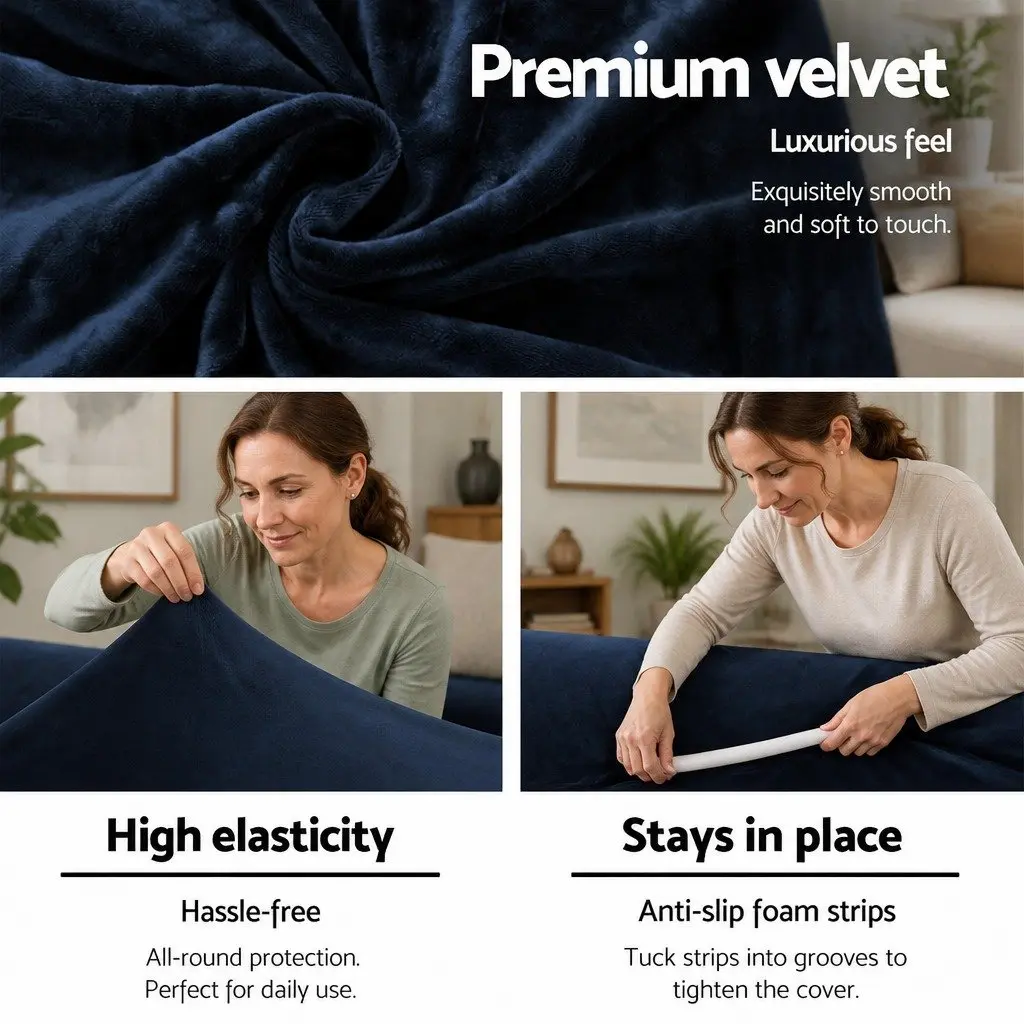 2 Seater Couch Protector Velvet Stretch Cover Navy Blue Super Soft Anti Slip