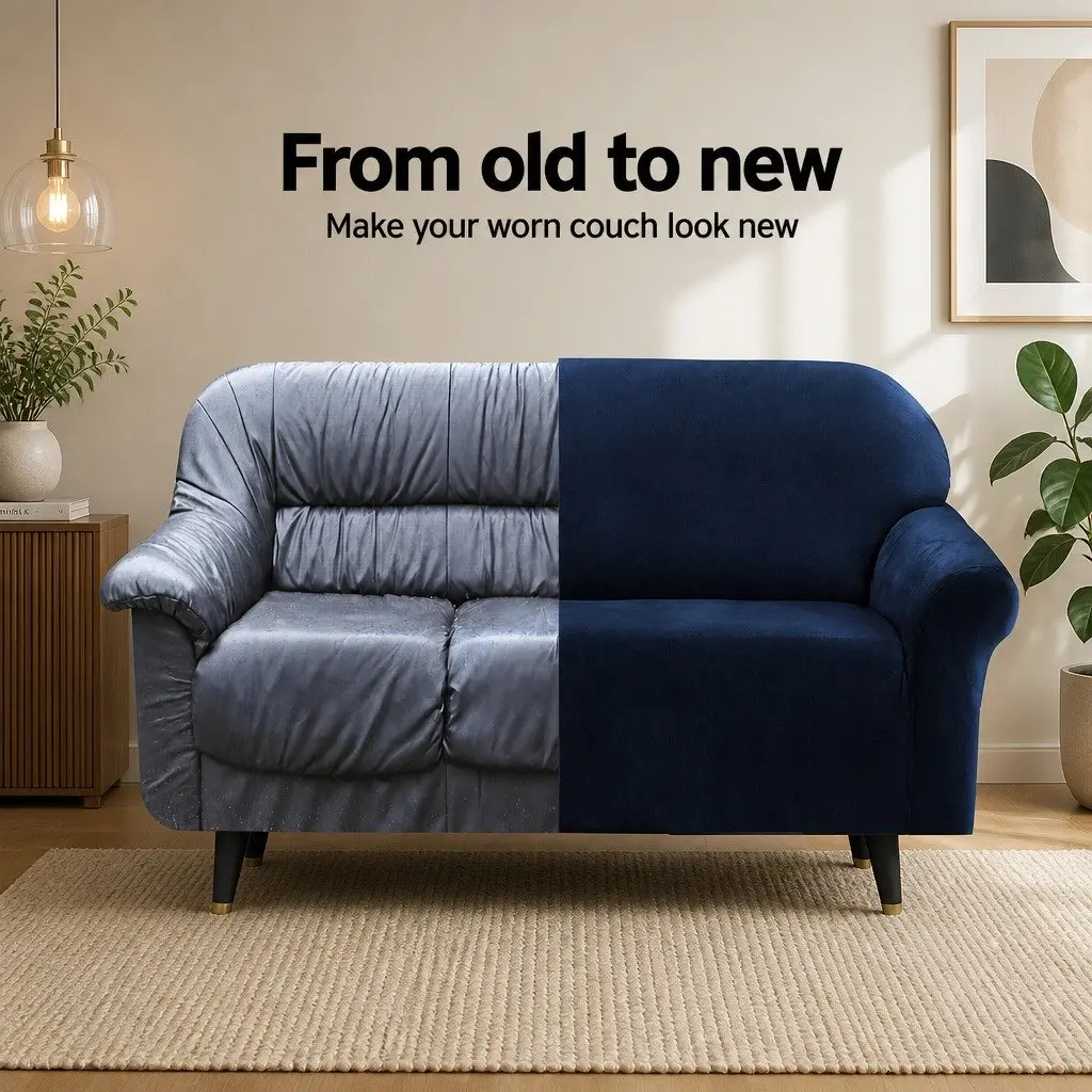 2 Seater Couch Protector Velvet Stretch Cover Navy Blue Super Soft Anti Slip