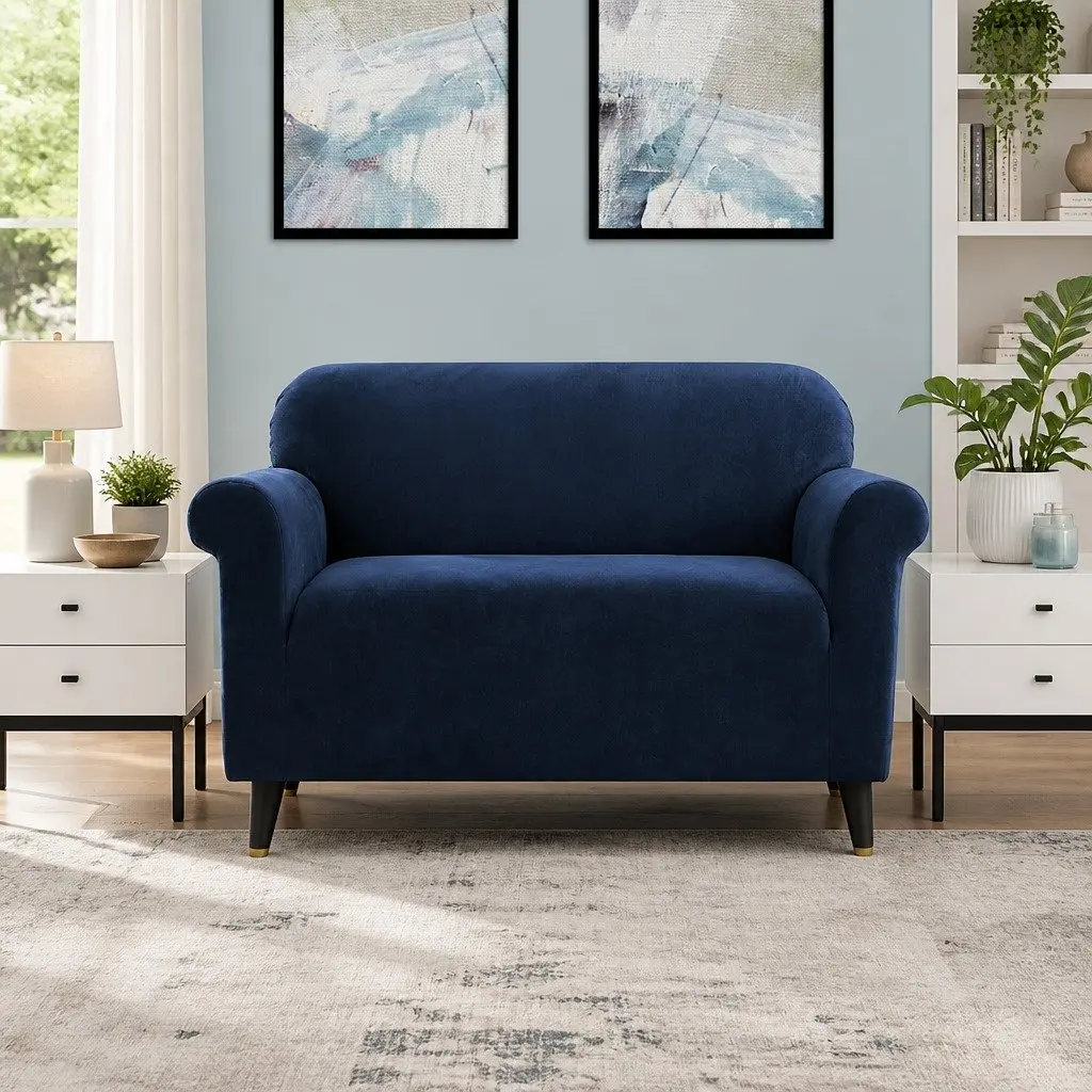 2 Seater Couch Protector Velvet Stretch Cover Navy Blue Super Soft Anti Slip