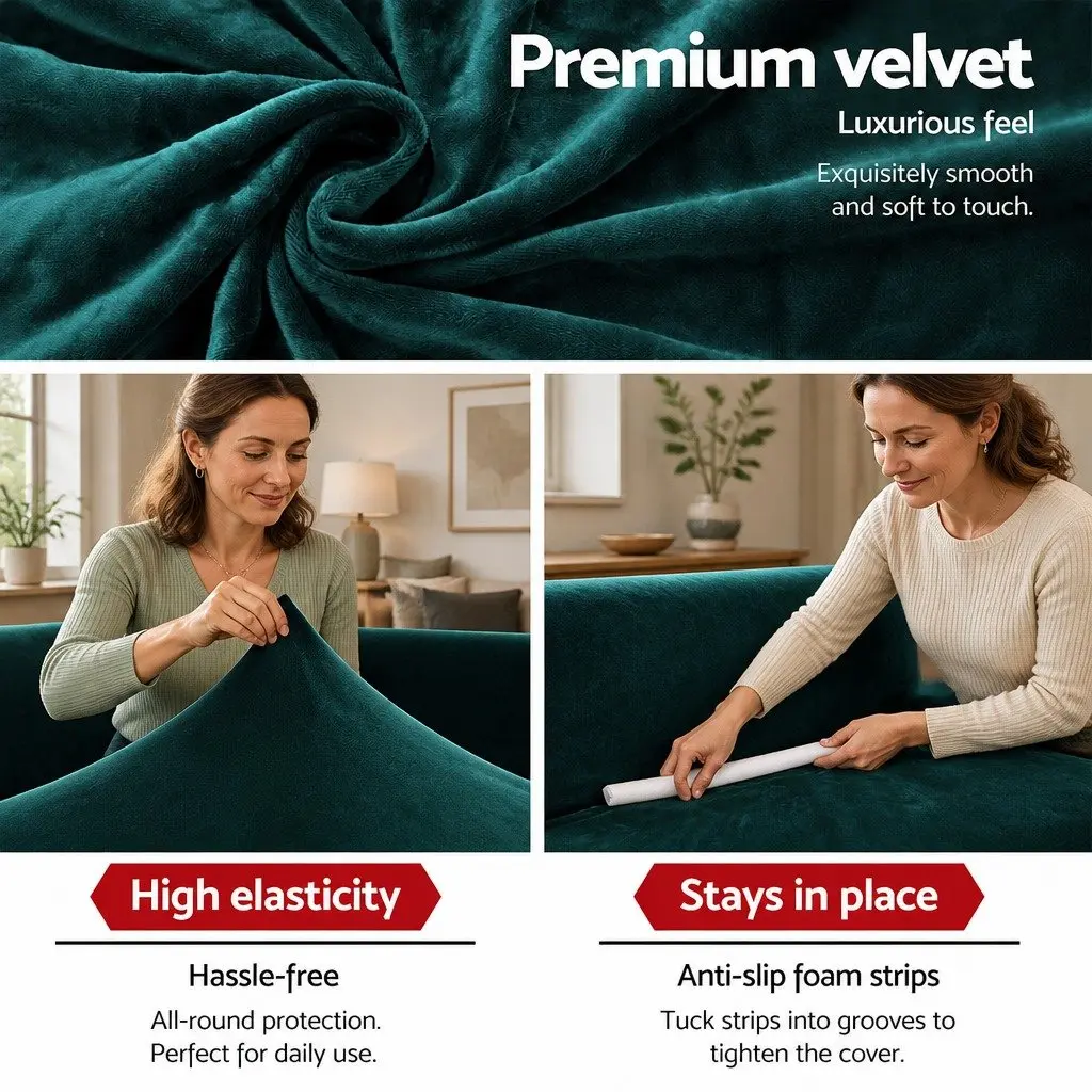 3 Seater Velvet Couch Protector Stretch Slipcover Agate Green Crystal Soft Material