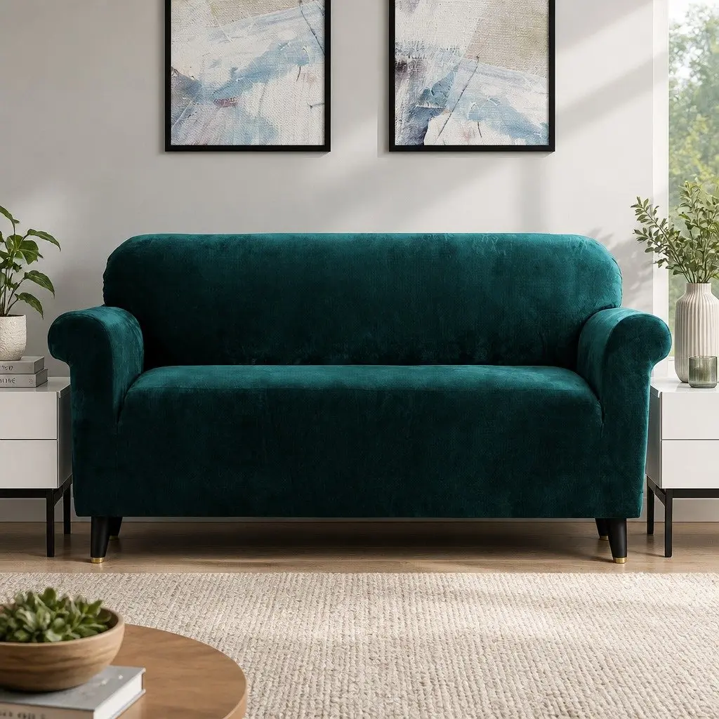 3 Seater Velvet Couch Protector Stretch Slipcover Agate Green Crystal Soft Material
