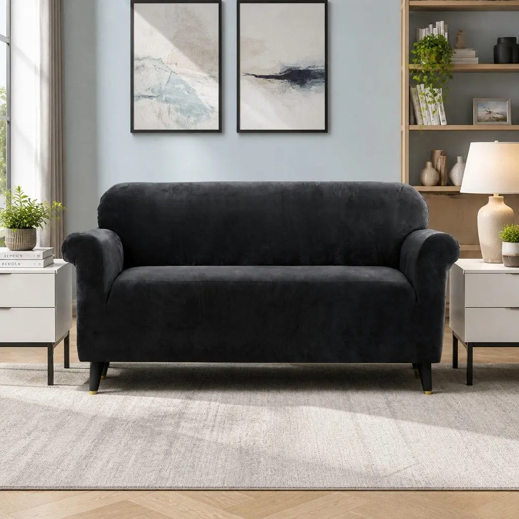 3 Seater Sofa Cover Velvet Stretch Elastic Furniture Black
