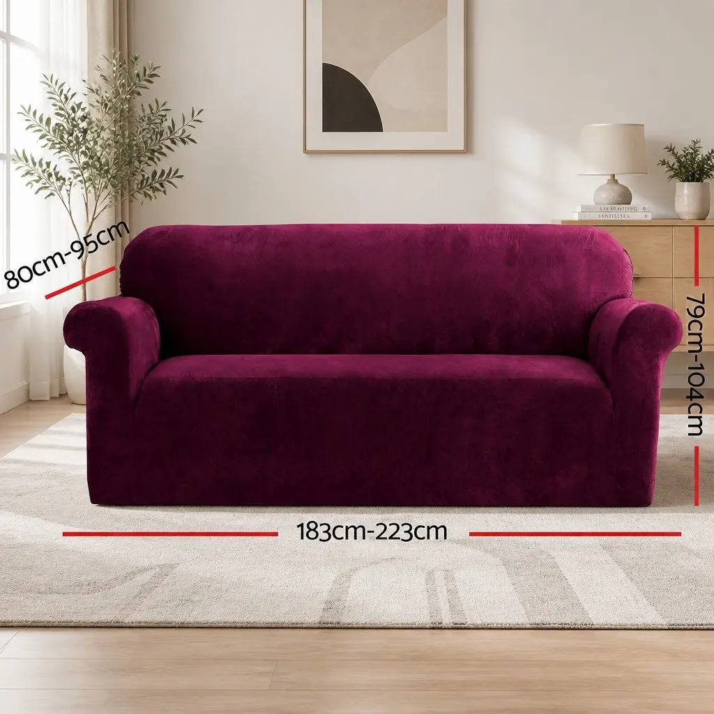 3 Seater Sofa Cover Stretch Velvet Anti-slip Ruby Red