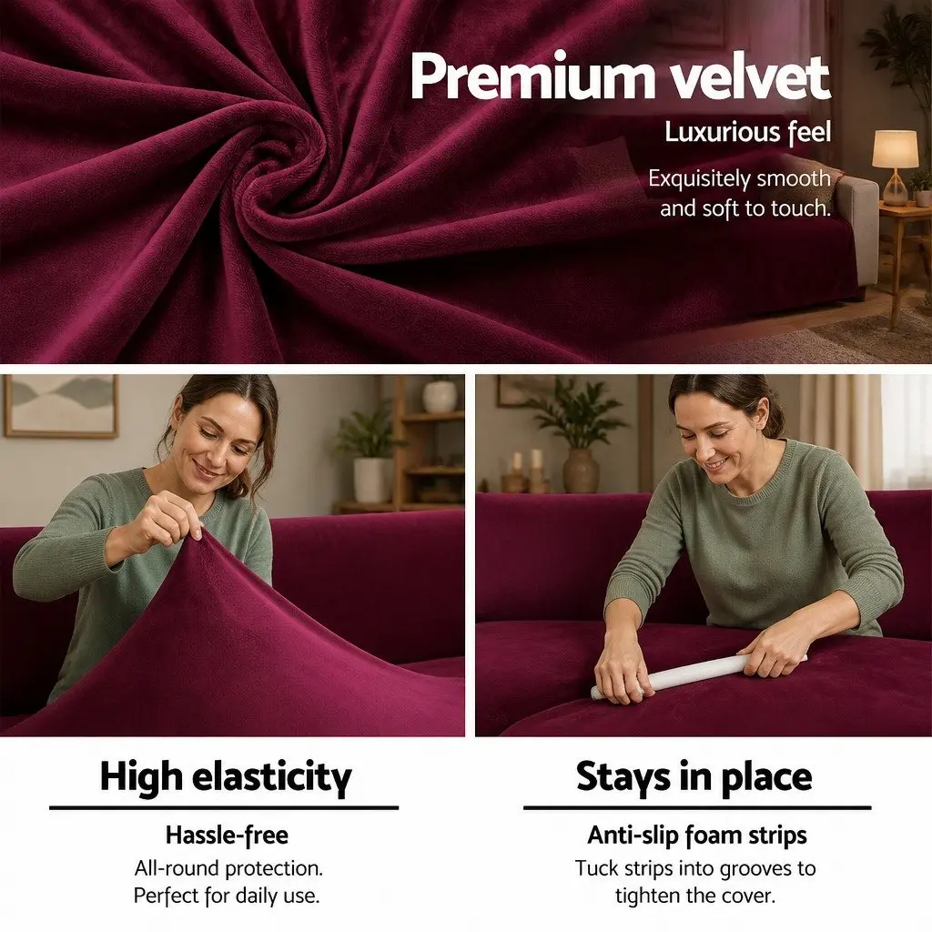 3 Seater Sofa Cover Stretch Velvet Anti-slip Ruby Red