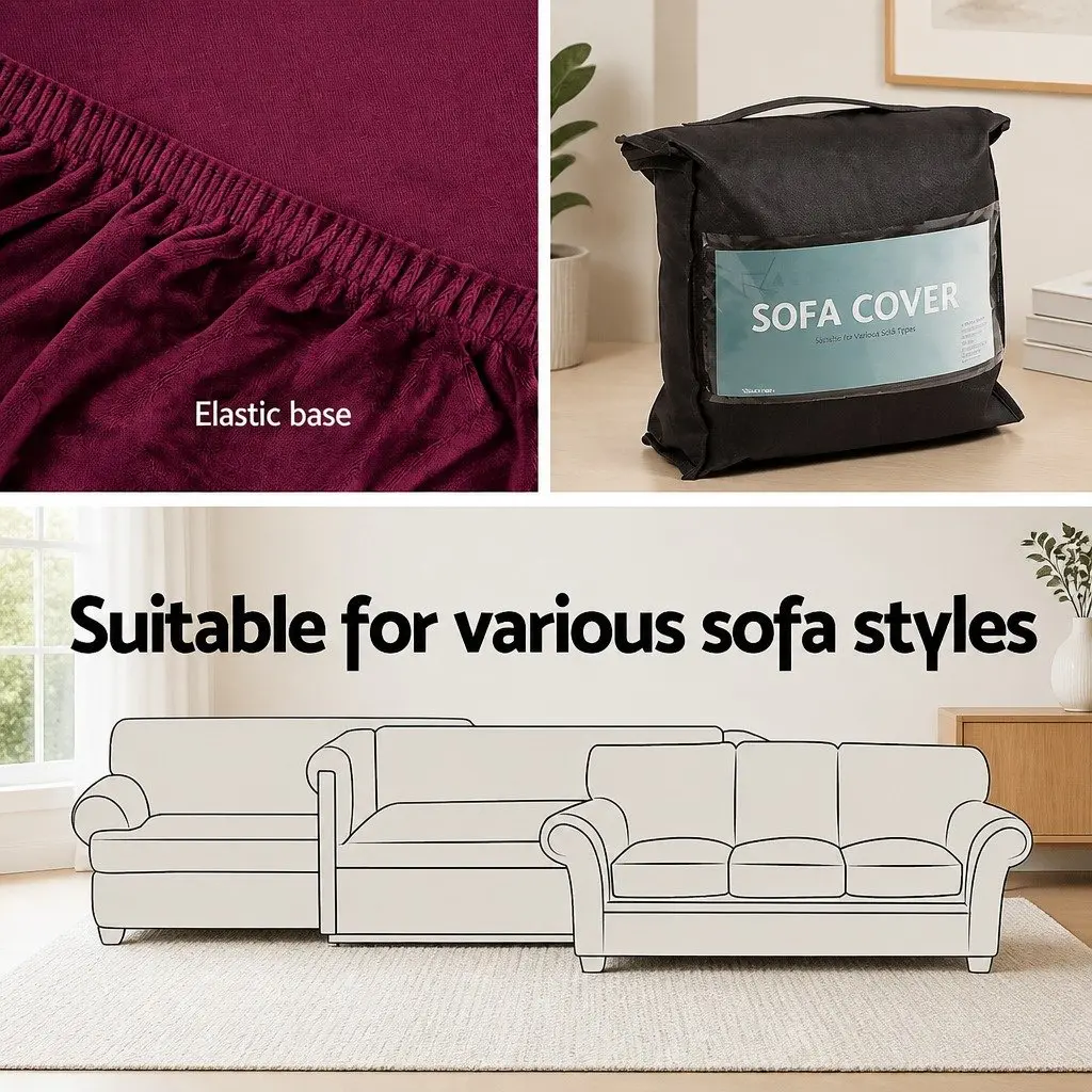 3 Seater Sofa Cover Stretch Velvet Anti-slip Ruby Red