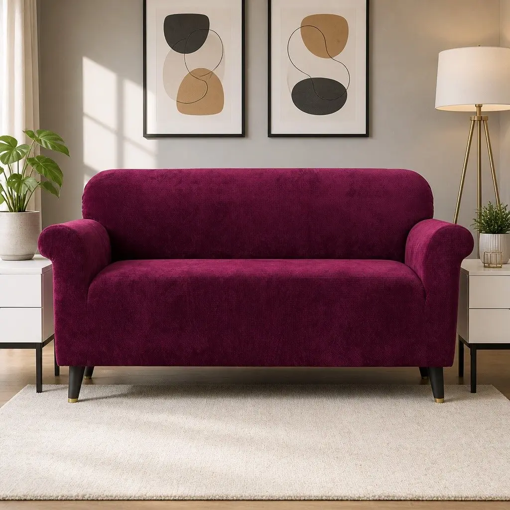 3 Seater Sofa Cover Stretch Velvet Anti-slip Ruby Red