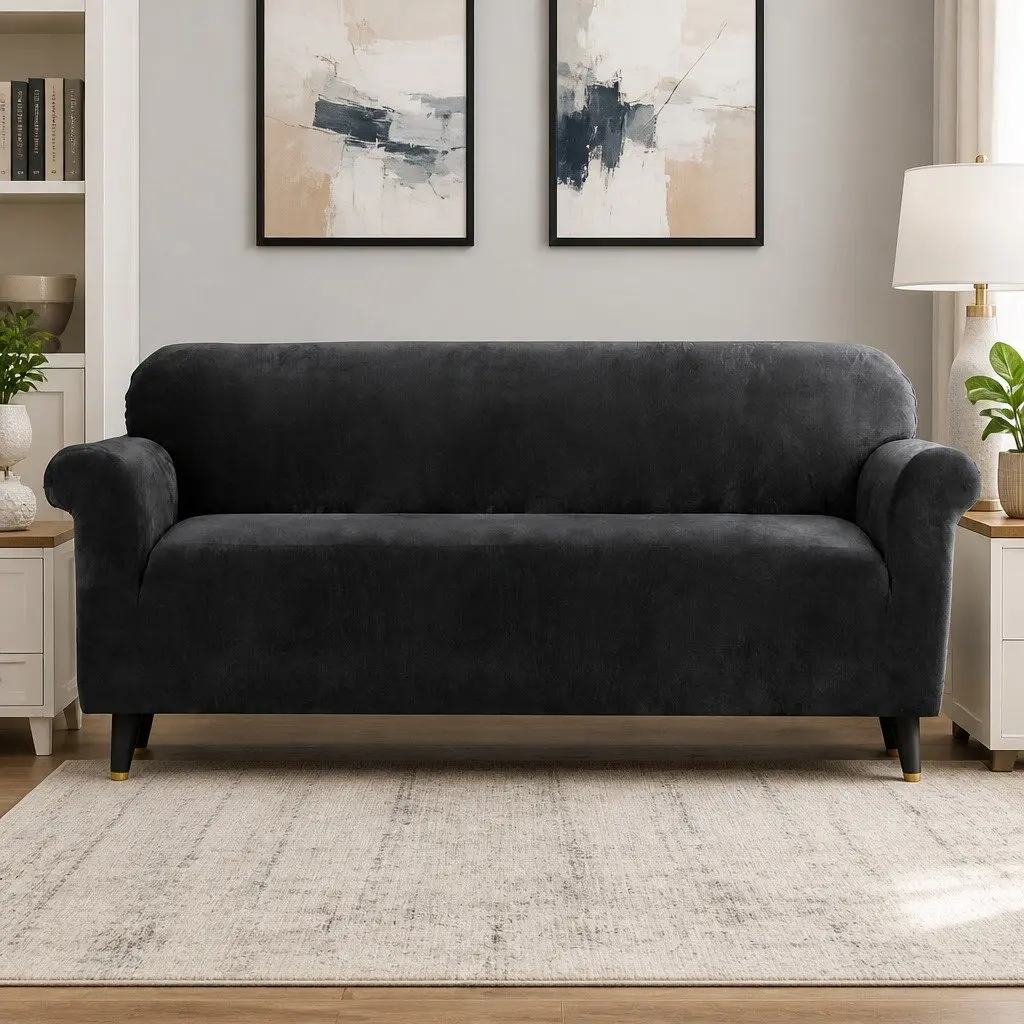4 Seater Sofa Cover Velvet Stretch Elastic Black Machine Washable