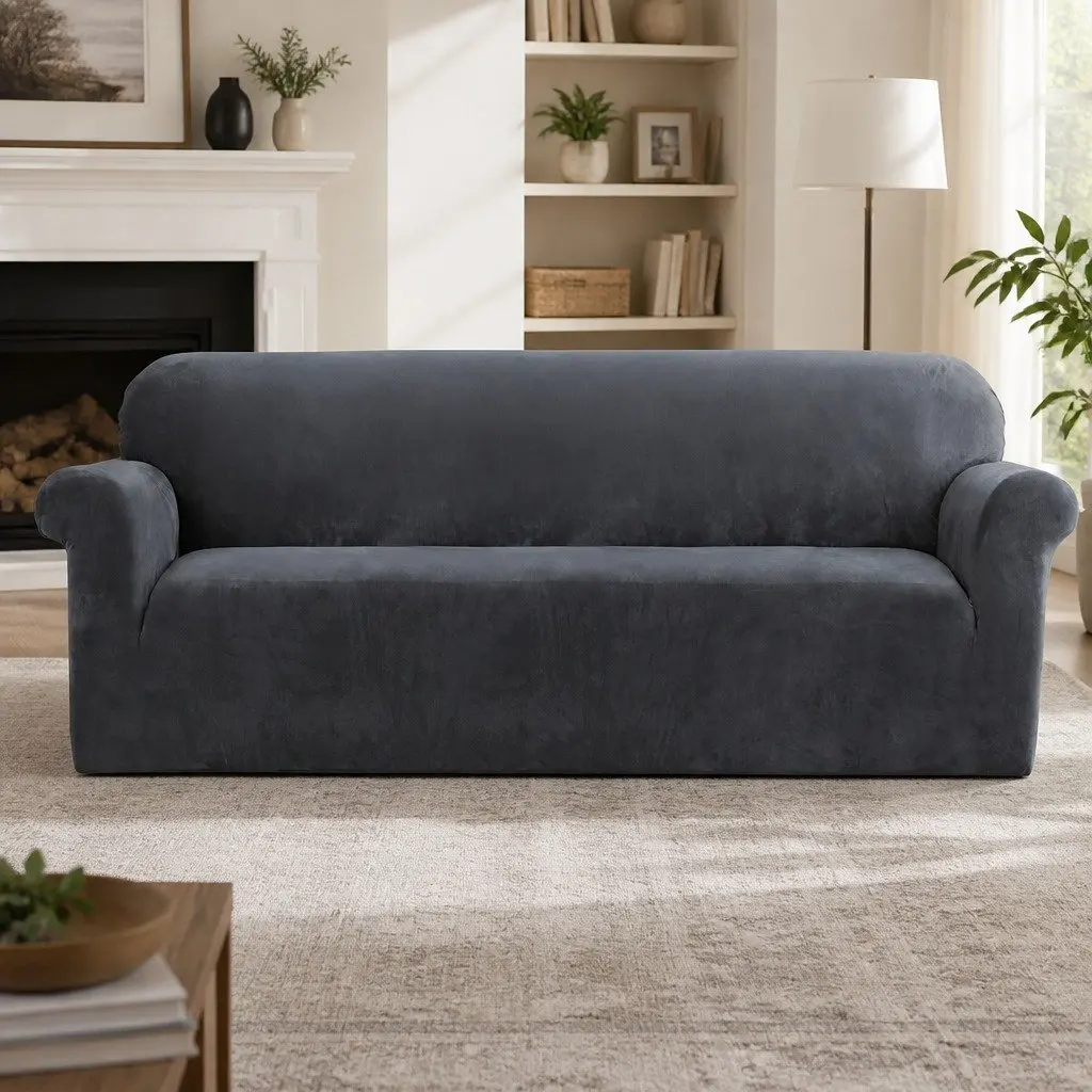Grey Velvet Sofa Cover for 4-Seater Use