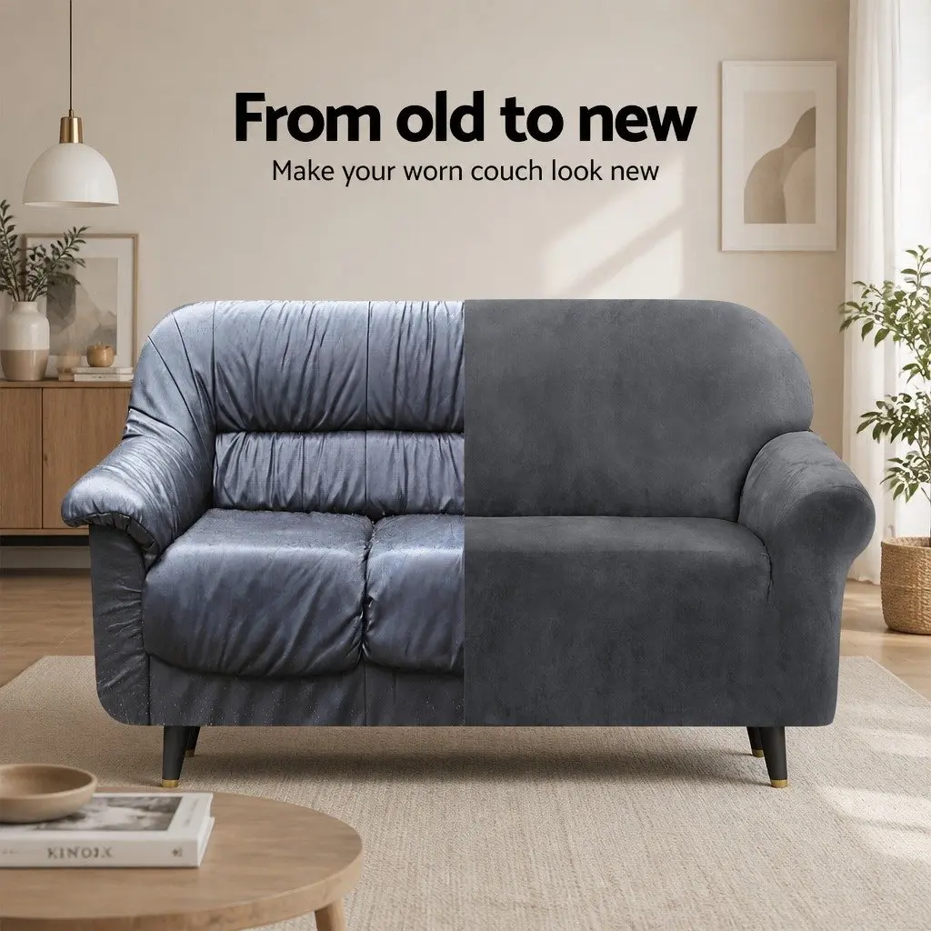 4 Seater Sofa Cover Velvet Grey Stretchable Anti-slip Elastic