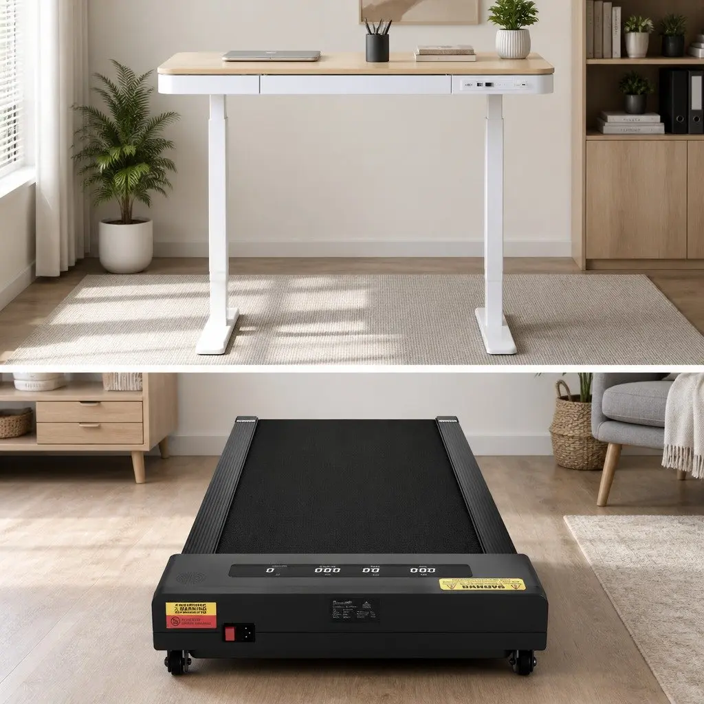 Electric Treadmill Desk Combo Adjustable Height 120cm Integrated Walking Pad White Particle Board for Home Office