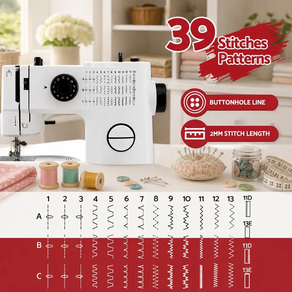 Mini Sewing Machine Portable Compact 39 Stitches Lightweight White or Black